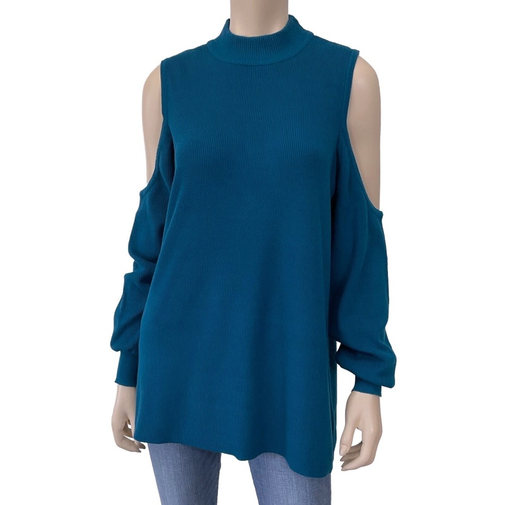 Cyrus Sweater Women XL Blue Ribbed Cold Shoulder Long Sleeve Mock Teal NWT